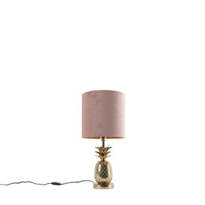 Botanická stolní lampa zlatá se sametovým odstínem růžová 25 cm - tropická