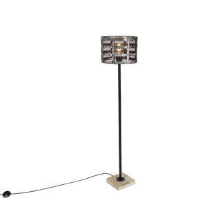Průmyslová stojací lampa černá s dřevěnou základnou a rezavě zbarveným stínidlem - Tub